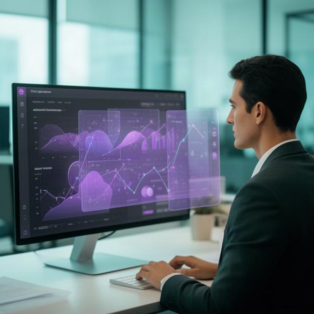 Complianceprofessional die een beveiligd AI-dashboard met financiële grafieken bekijkt in een modern kantoor