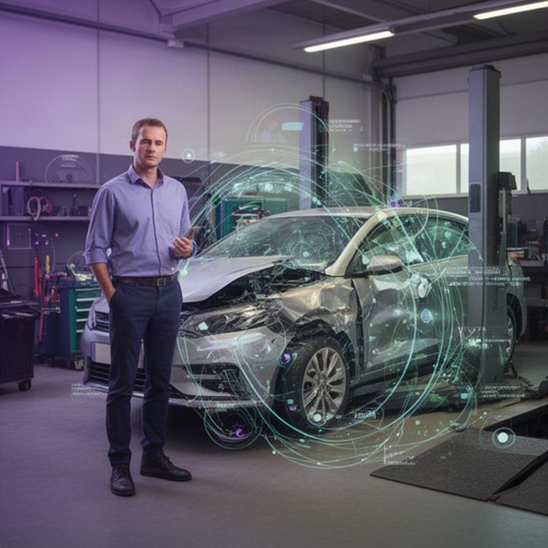Schade-expert naast een beschadigde auto met digitale datacirkels in een Belgische werkplaats