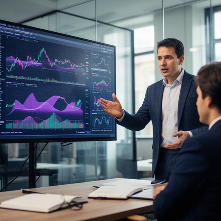 Fictieve quantanalist bespreekt smallcapaandelen op een scherm in een Brussels fintechkantoor