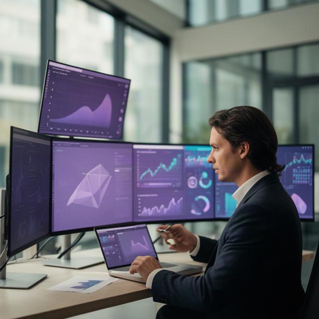 Financieel analist in een Belgisch kantoor die een AI-rapport op meerdere schermen controleert