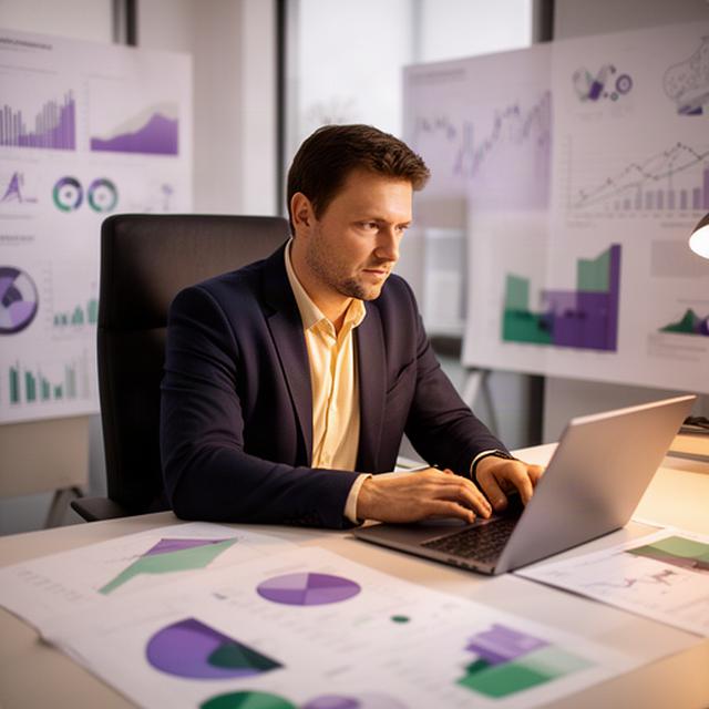 Redacteur van een AI-financemagazine aan een bureau met grafieken in Harelbeke