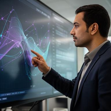 Kaneki Lamdaghri die datavisualisaties controleert op een groot redactiescherm