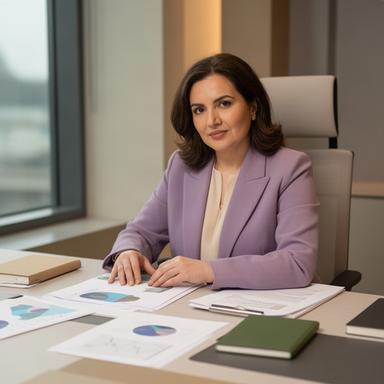 Parvaneh Karsiyaka aan een redactietafel met financiële onderzoeksnotities